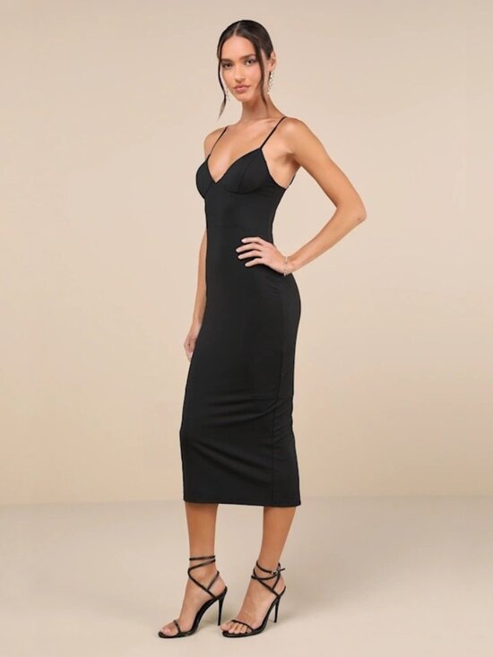 Lulus Dresses & Skirts - NWT Lulus Sophisticated Soiree Black Bustier Midi Bodycon Dress Medium #A2663